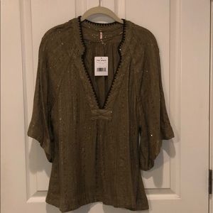 NWT FP green butterfly sleeve shiny top sz M